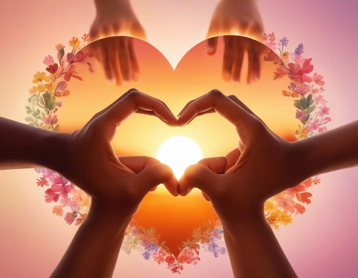 A heart-shaped collage of diverse couples from different cultures, holding hands and sharing moments of affection, surrounded by a warm, glowing aura of light. Soft, pastel backgrounds depicting nature, like flowers and sunsets, to symbolize growth and harmony in relationships. Include subtle symbols of unity, like interlocking rings or peace signs. super-realistic. vibrant colors. gentle gradients.
