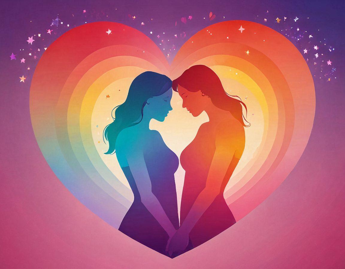 A heart-shaped spectrum, blending warm colors representing affection into deeper shades illustrating intimacy, with two intertwined silhouettes embracing in a gentle, supportive posture. Subtle symbols like roses and stars intertwine throughout, hinting at emotional growth. Soft, dreamy background with a gradient that transitions from light to dark. vibrant colors. 3D.