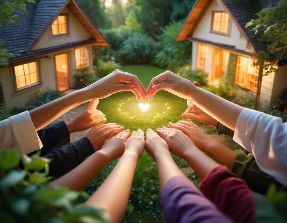 A warm, inviting scene of diverse people coming together in a circle, holding hands and smiling, surrounded by lush greenery and cozy homes in the background that depict a sense of belonging. In the center, a glowing heart symbol representing unity and passion, with soft beams of light radiating outward, creating an atmosphere of love and support. Bright, uplifting colors that evoke joy and connection. super-realistic. vibrant colors. peaceful setting.